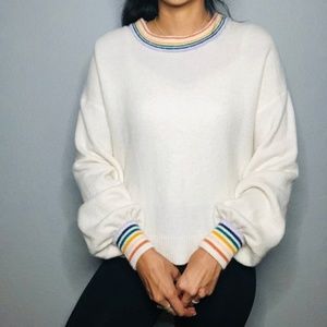 Madewell Rainbow-Trim Gladwell Balloon Sleeve Pullover Sweater - XL